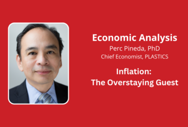 graphic banner with a portrait of Perc Pineda, PhD, Chief Economist at PLASTICS, set against a red background alongside text about an economic analysis on plastics materials for recycling.