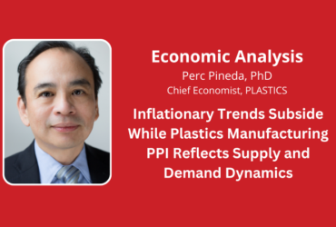 graphic banner with a portrait of Perc Pineda, PhD, Chief Economist at PLASTICS, set against a red background alongside text about an economic analysis on plastics materials for recycling.