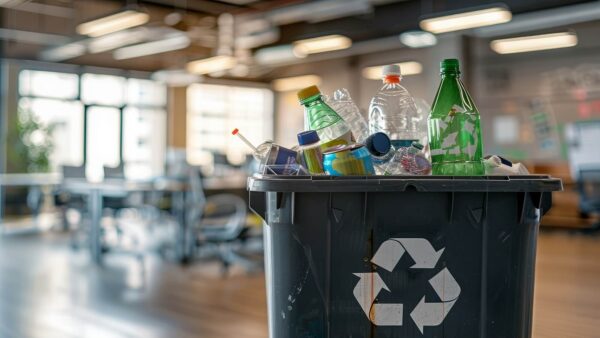 closeup shot showing a recycling bin in a corporate office overflowing with plastic bottles and paper waste