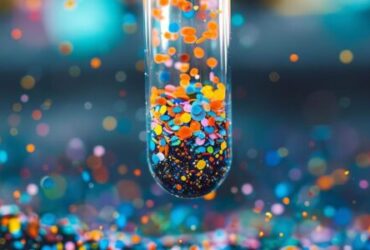 test tube filled with soil contaminated by colorful microplastic particles