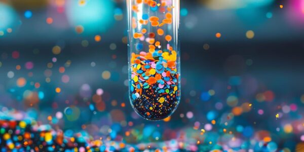 test tube filled with soil contaminated by colorful microplastic particles