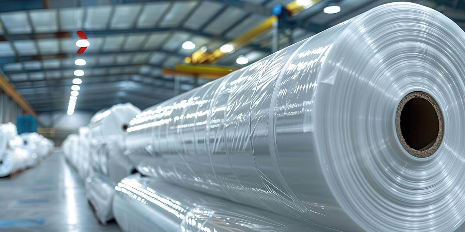 Rolls of polyethylene sheets stacked neatly in a warehouse