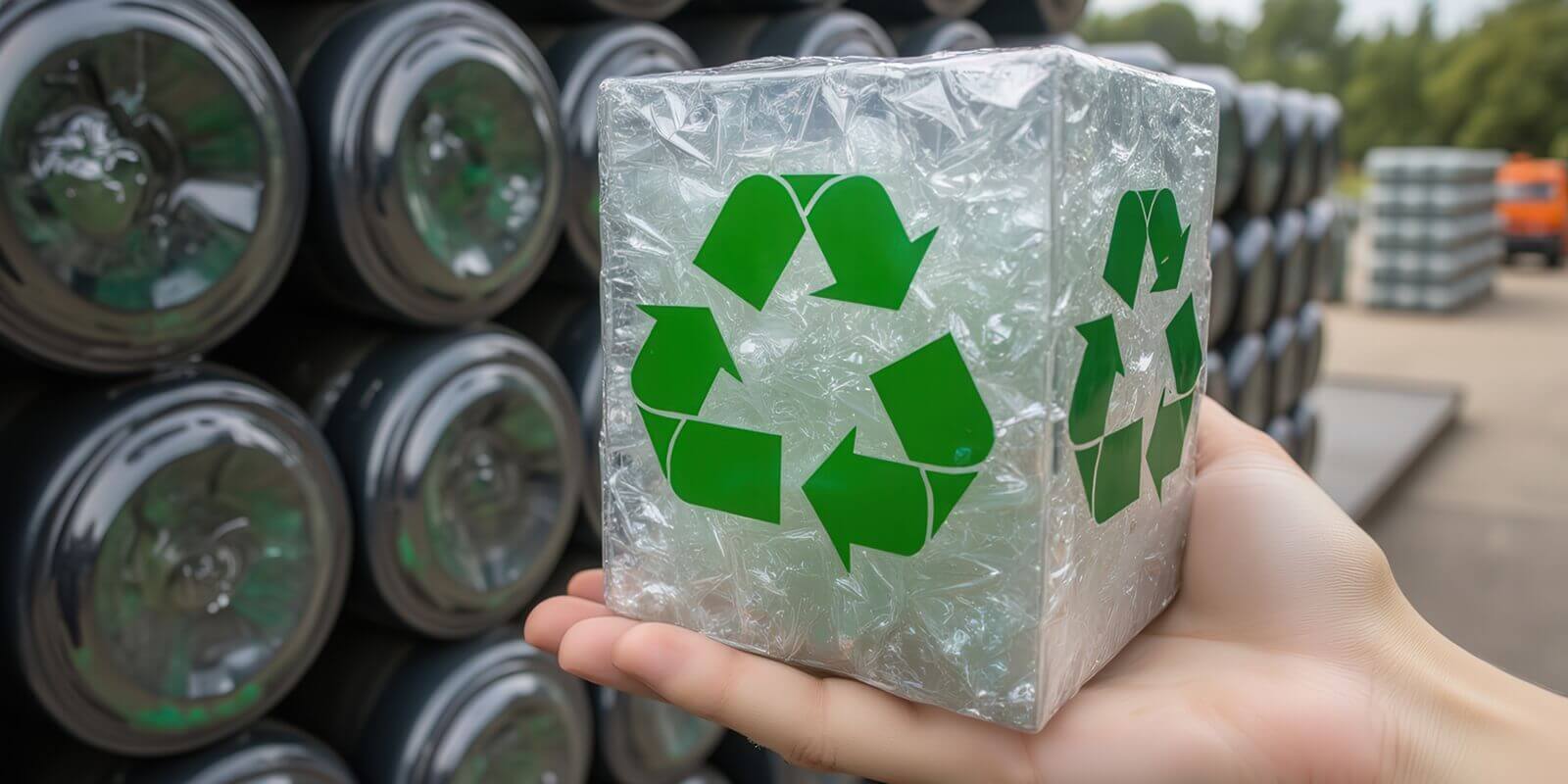 hand holds a clear cube filled with recyclable materials