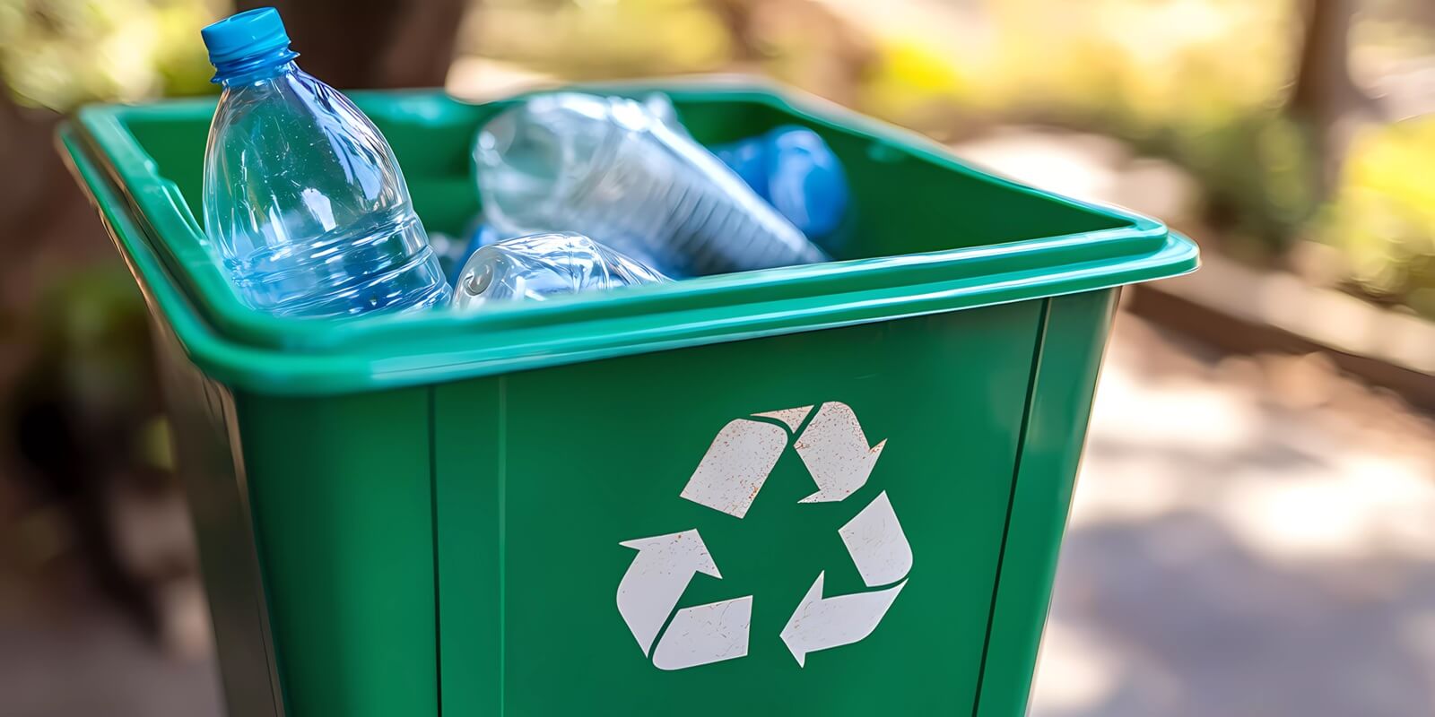 recycling bin filled with plastic bottles and containers in a park on a sunny day