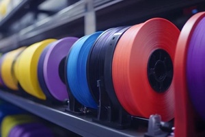 spools of 3D printing motley different colors thermoplastic filaments