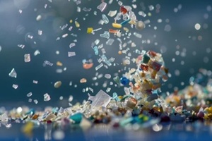 dynamic image of colorful microplastic fragments floating in the air
