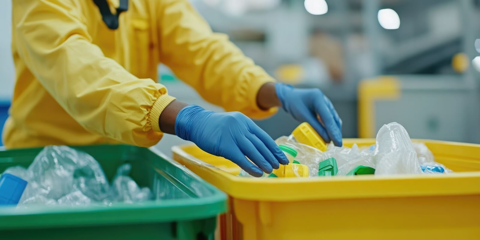 sorting plastic waste at a recycling facility during daylight hours to promote environmental sustainability