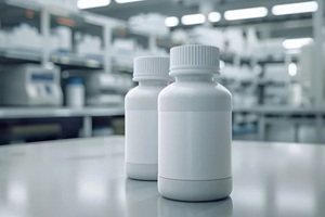 white plastic bottles with blank labels sit on a counter in a sterile laboratory setting