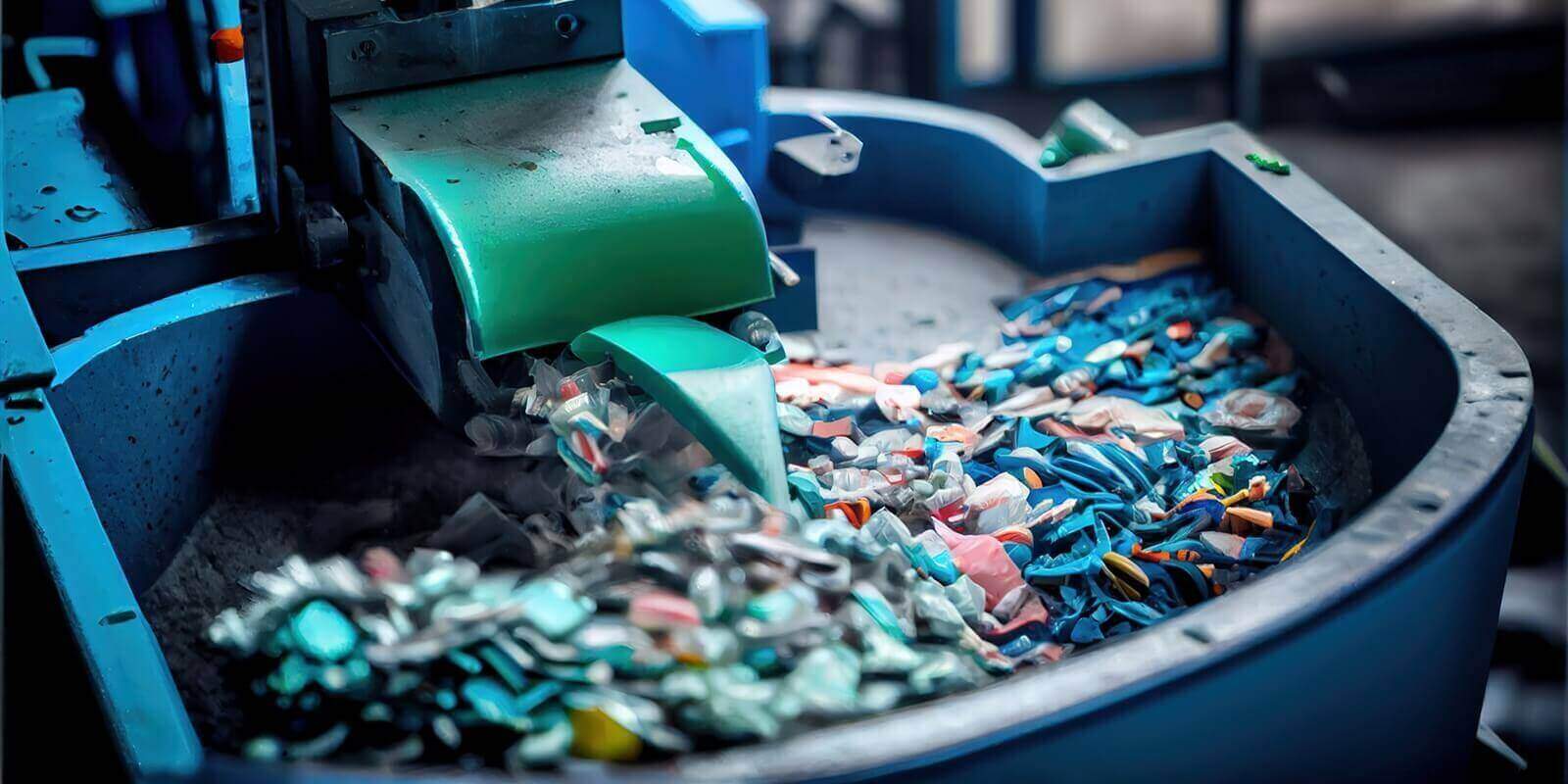 close up of a recycling machine sorting plastic waste in a recycling factory, with a backdrop of conveyor belts