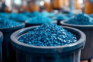 close up of blue plastic polymer granules in containers ready for manufacturing process