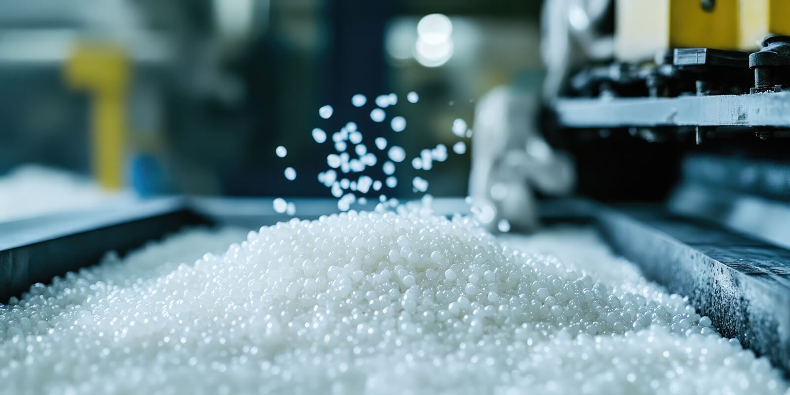production process of plastic pellet factory with a mound of white plastic beads and machinery in action