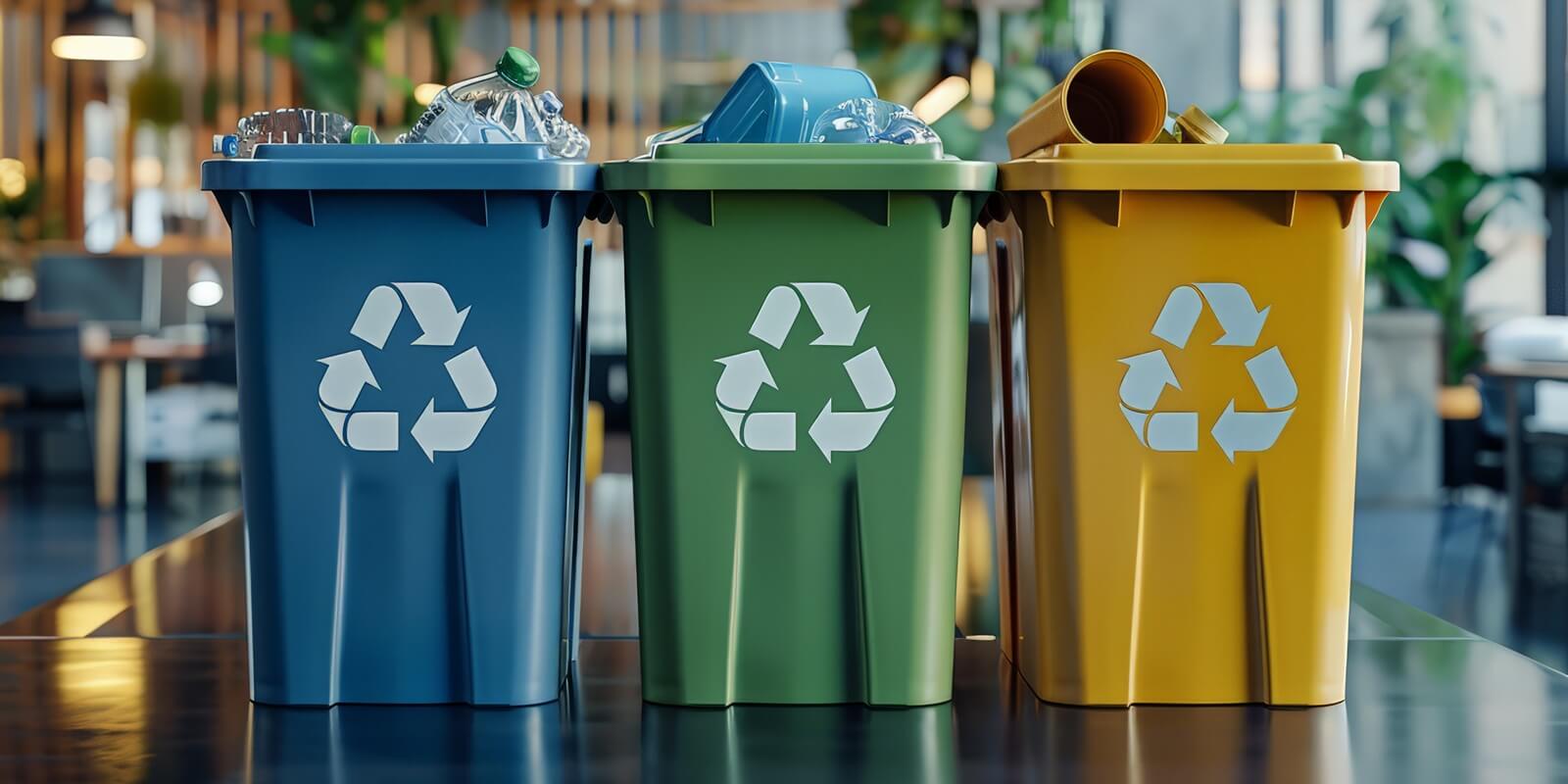 separate recycling bins labeled for plastic, paper, and glass in an eco-conscious office environment