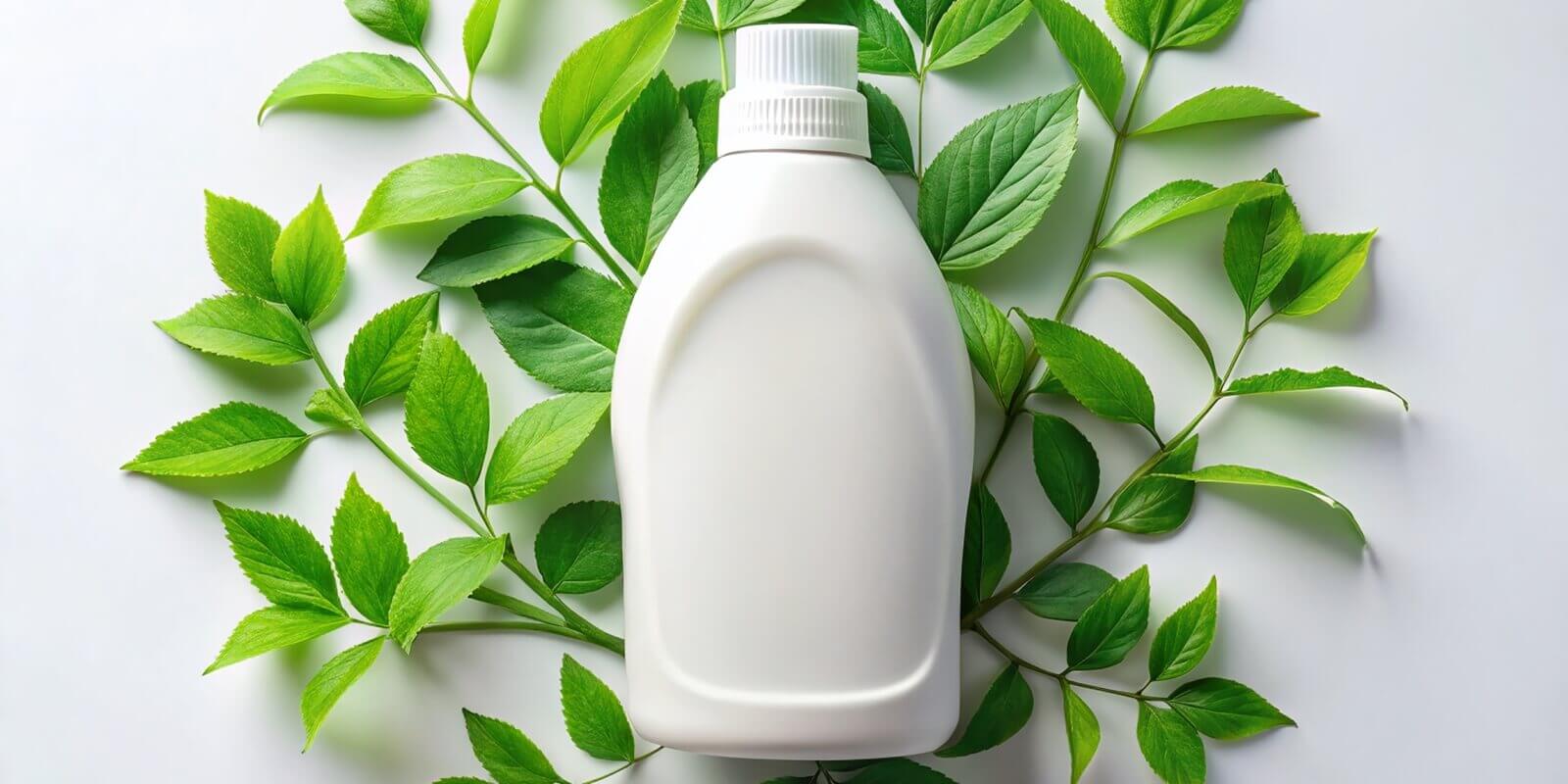 white plastic bottle with green leaves