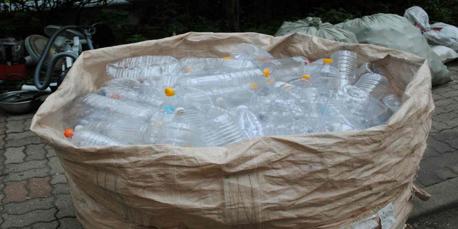 Large Bag Filled with Plastic Bottles for Recycling