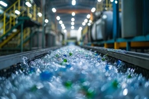 conveyor belt with crushed plastic bottles in a recycling plant