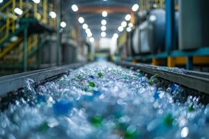 conveyor belt with crushed plastic bottles in a recycling plant