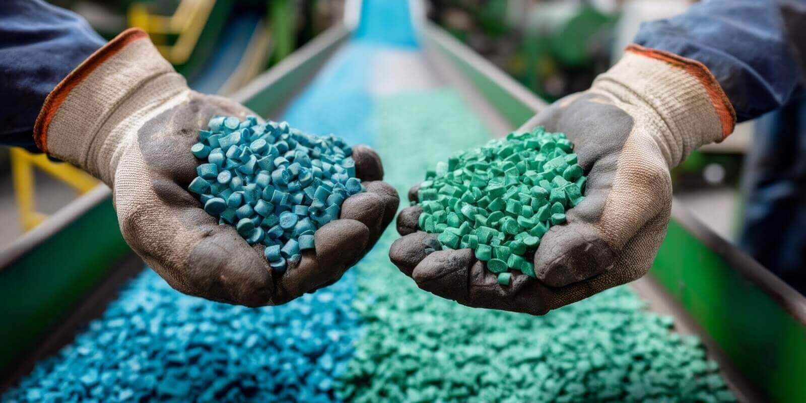 hands holding blue and green plastic pellets over conveyor in recycling plant