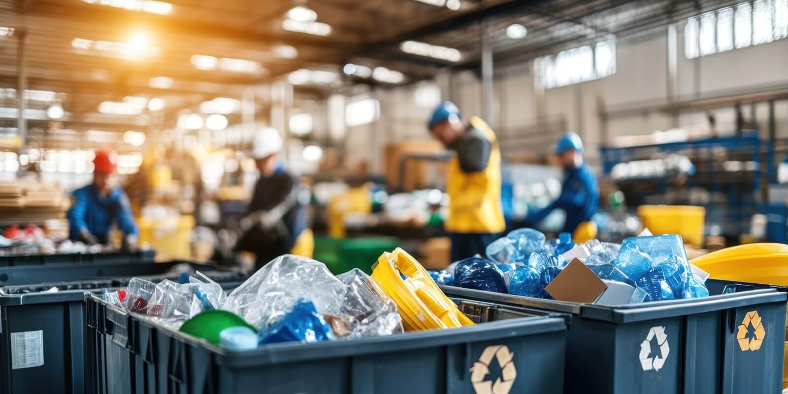 plastic bottles and containers being sorted into recycling bins by workers in a waste processing plant