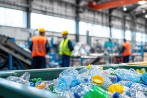 plastic bottles in a modern waste processing facility