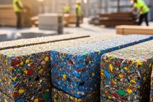 recycled plastic bricks stacked on construction site with workers in hard hats