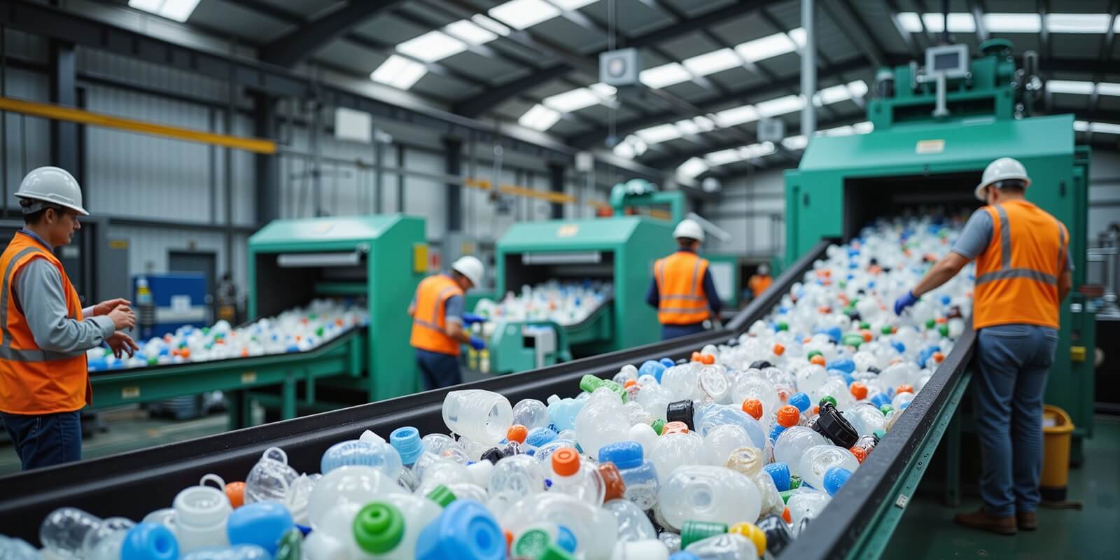 recycling plastic bottles on conveyor belt in industrial facility
