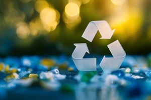 recycling symbol amidst recycled plastic