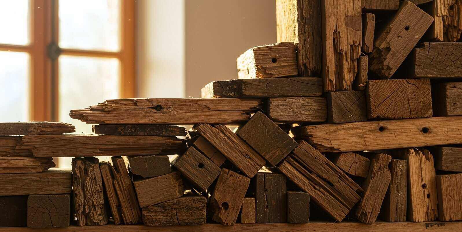 dense stack of reclaimed wood blocks and planks are collected as material for recycling or upcycling