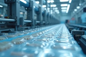 automated packaging line processes food items in clear plastic trays