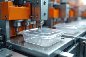 close up of modern industrial machine making clear plastic containers on conveyor belt