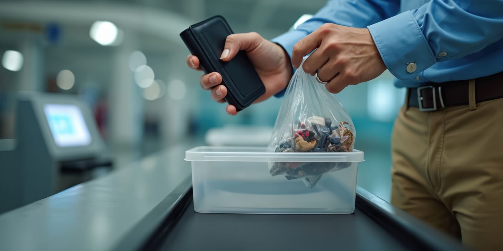 man puts plastic bag with items, wallet into transparent tray at airport security checkpoint