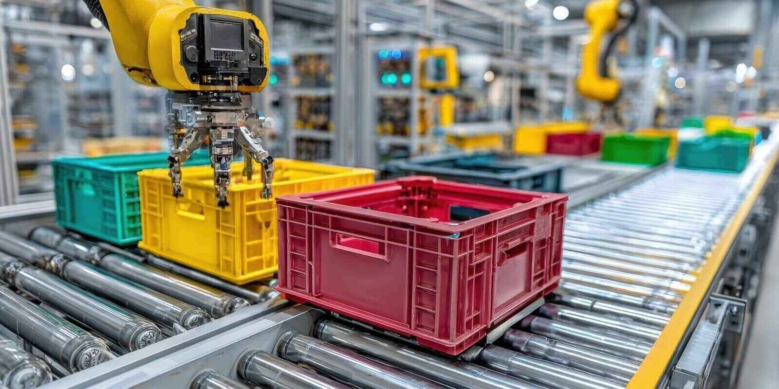 robotic arm lifts colorful plastic crates in a manufacturing facility, demonstrating automated production and efficient material handling on a conveyor belt system