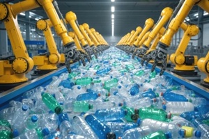 robotic arms sorting plastic bottles on recycling conveyor