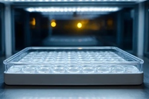 a laboratory tray with multiple wells sits under bright sterile scientific lights
