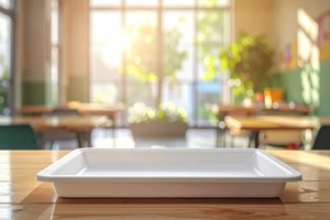 capturing the tranquil atmosphere of a plastic tray in a bright classroom setting