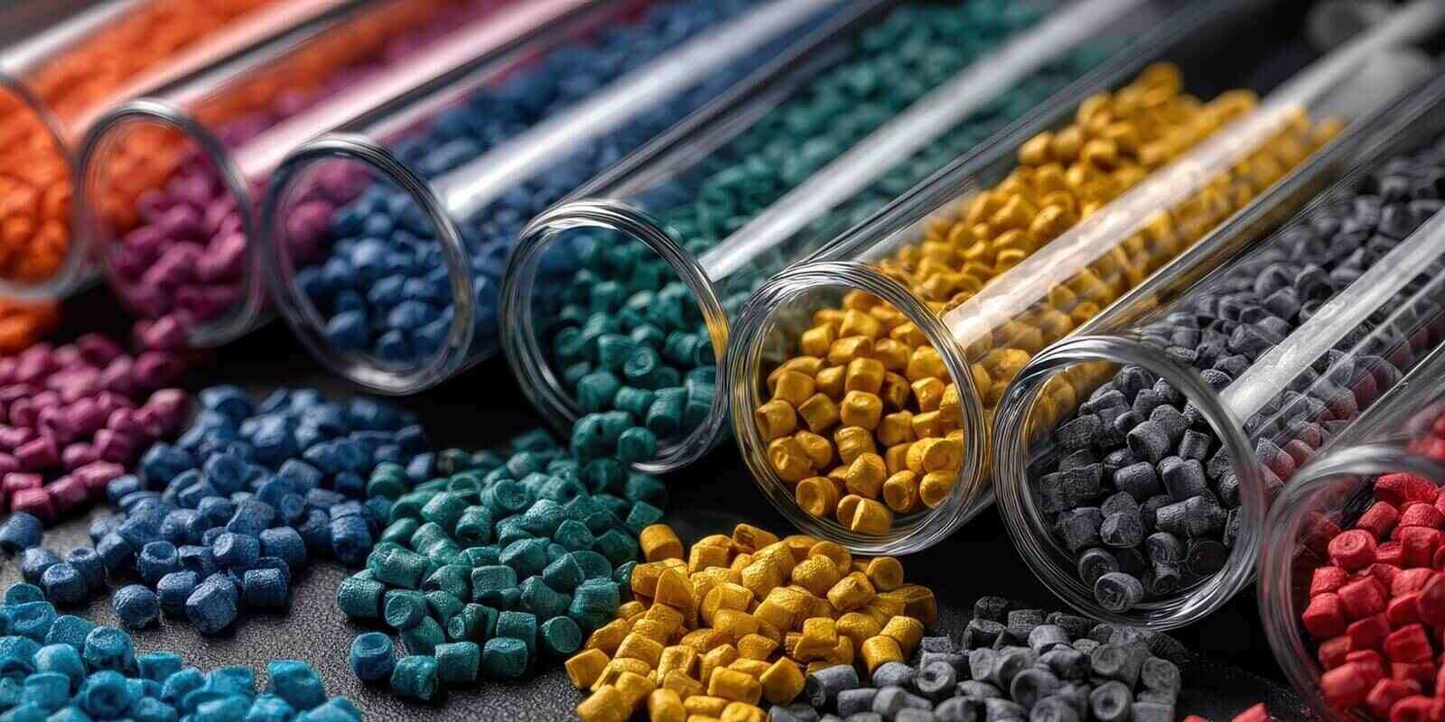 colorful plastic pellets in test tubes on a dark surface are displayed