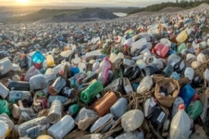 massive landfill or garbage dump, with huge mountains of trash and plastic waste stretching across the landscape