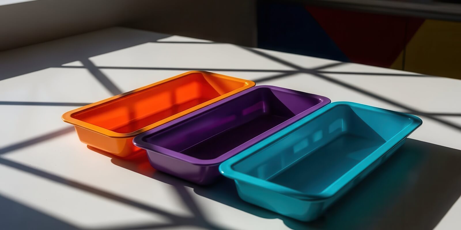 three empty colorful rectangular containers on white table with sunlight shadows