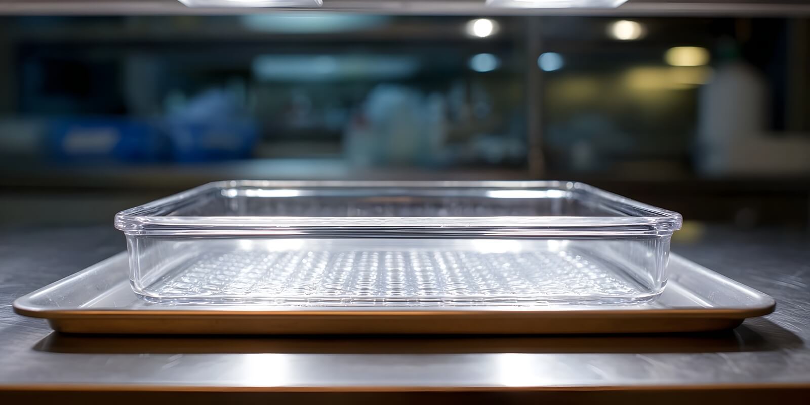 transparent plastic tray with textured bottom on metal tray under bright sterile overhead lights