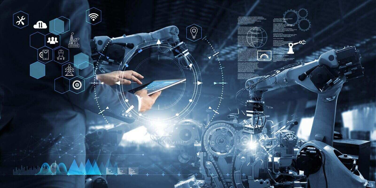 manager technical industrial engineer working and control robotics with monitoring system software