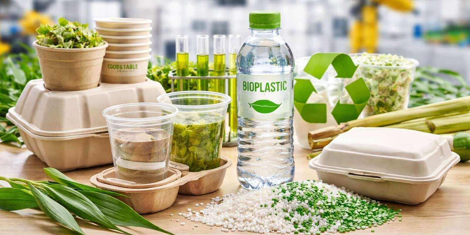 multiple biodegradable plastics bottles and other things