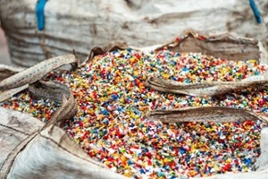 shredded plastic garbage at waste recycling factory