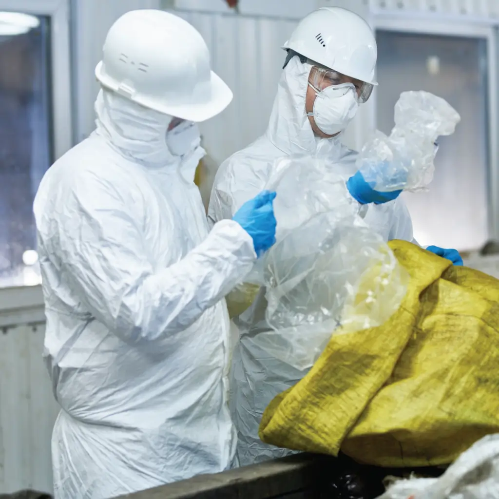 Two workers wearing full white protective hazmat suits, face masks, safety glasses, hard hats, and blue gloves examine pieces of clear plastic next to a large yellow sack.