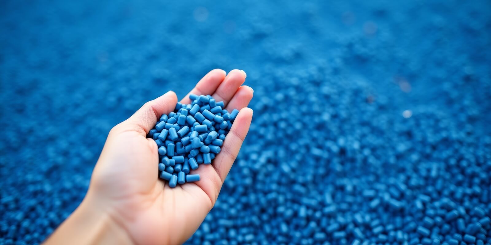 hand holding blue plastic pellets
