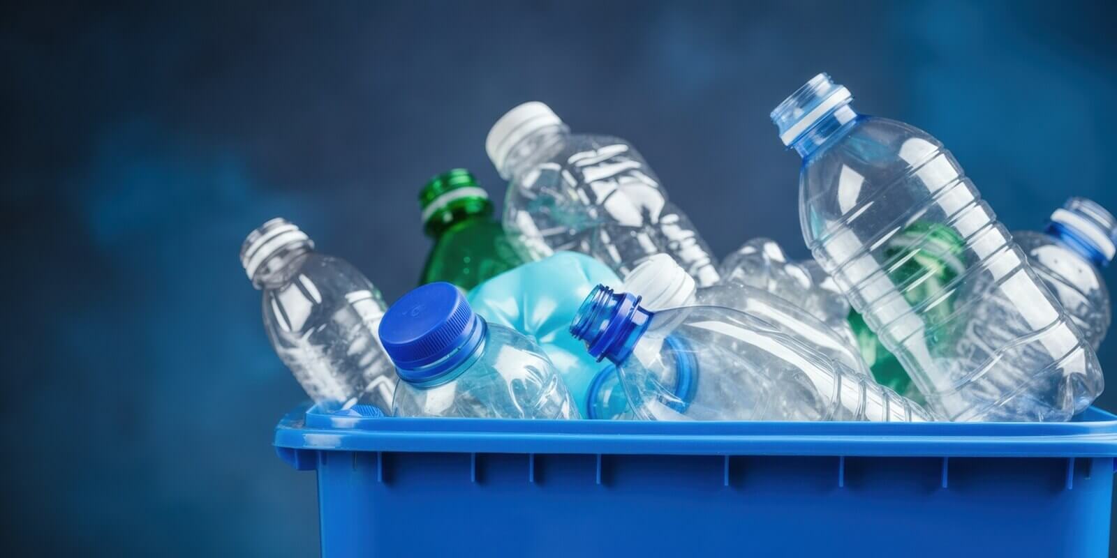recycling bin full of clear and colored plastic water bottles for disposal
