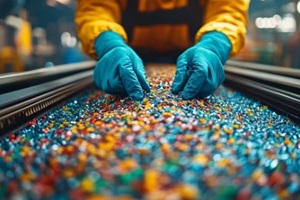 workers gloved hands meticulously sorting recycled plastic showcasing teamwork sustainability and environmental responsibility