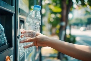 hand put empty plastic bottle in the machine